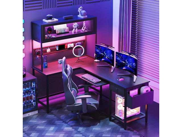 L Shaped Gaming Desk with Power Outlets & LED Lights, 49'' Reversible Computer Desk with Hutch & Pegboard & Display Cabinet, Corner Home Office...
