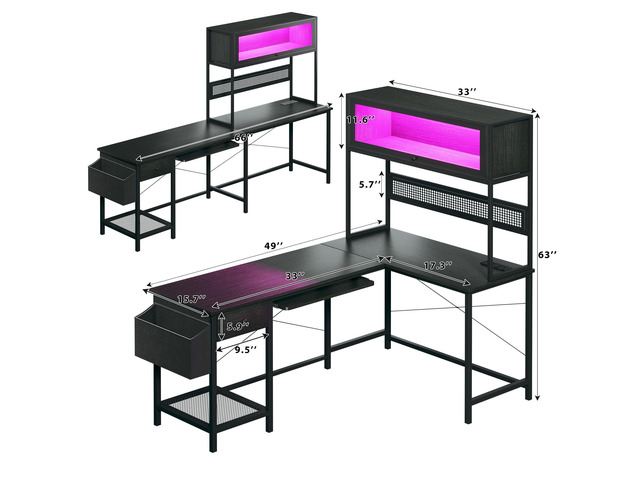 L Shaped Gaming Desk with Power Outlets & LED Lights, 49'' Reversible Computer Desk with Hutch & Pegboard & Display Cabinet, Corner Home Office...