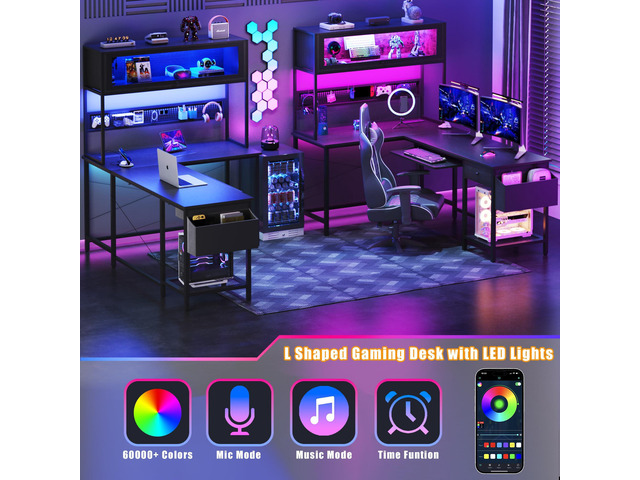 L Shaped Gaming Desk with Power Outlets & LED Lights, 49'' Reversible Computer Desk with Hutch & Pegboard & Display Cabinet, Corner Home Office...