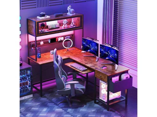 L Shaped Gaming Desk with Power Outlets & LED Lights, 49'' Reversible Computer Desk with Hutch & Pegboard & Display Cabinet, Corner Home Office...
