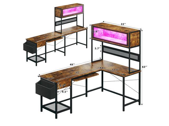 L Shaped Gaming Desk with Power Outlets & LED Lights, 49'' Reversible Computer Desk with Hutch & Pegboard & Display Cabinet, Corner Home Office...
