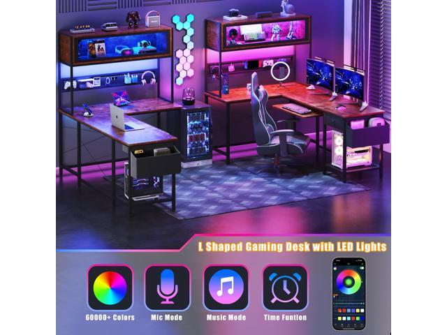 L Shaped Gaming Desk with Power Outlets & LED Lights, 49'' Reversible Computer Desk with Hutch & Pegboard & Display Cabinet, Corner Home Office...
