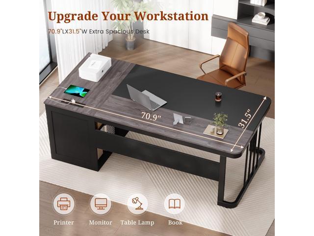 70.9' Executive Desk with Power Outlet, Large Office Desk with Drawers & Lateral File Cabinet, Modern Long Computer Desk with Adjustable Storage...