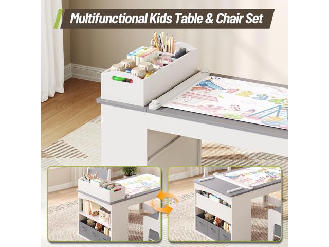 Kids Art Table and Chair Set, Wooden Toddler Activity Desk with Removable Tabletop Shelf and 5 Storage Drawers, Paper Pressing Rod & Roll Holder...