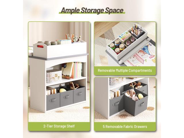 Kids Art Table and Chair Set, Wooden Toddler Activity Desk with Removable Tabletop Shelf and 5 Storage Drawers, Paper Pressing Rod & Roll Holder...