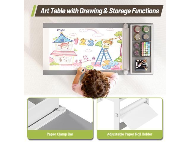 Kids Art Table and Chair Set, Wooden Toddler Activity Desk with Removable Tabletop Shelf and 5 Storage Drawers, Paper Pressing Rod & Roll Holder...