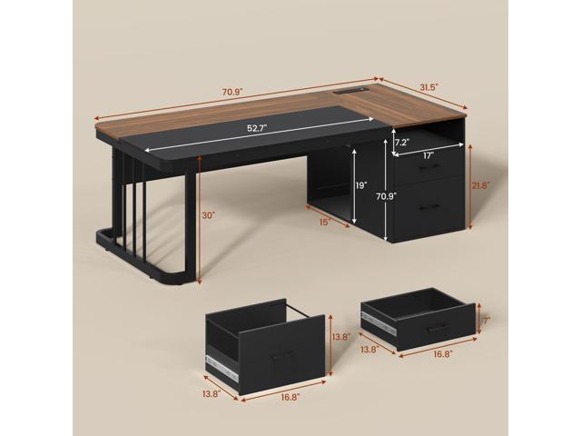 70.9' Executive Desk with Power Outlet, Large Office Desk with Drawers & Lateral File Cabinet, Long Computer Desk with Adjustable Storage Shelves,...