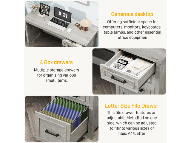 Vabches Farmhouse 49 Executive Desk with File Drawer, 4 Drawers Reversible Computer Desk with Storage, Rustic Home Writing Workstation for Home...