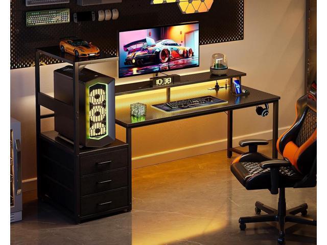 Casaottima 59 Inch Gaming Desk with USB Charging Ports & LED Light - Reversible Computer Desk with 3 Fabric Drawers, Monitor Stand, CPU Stand, and...