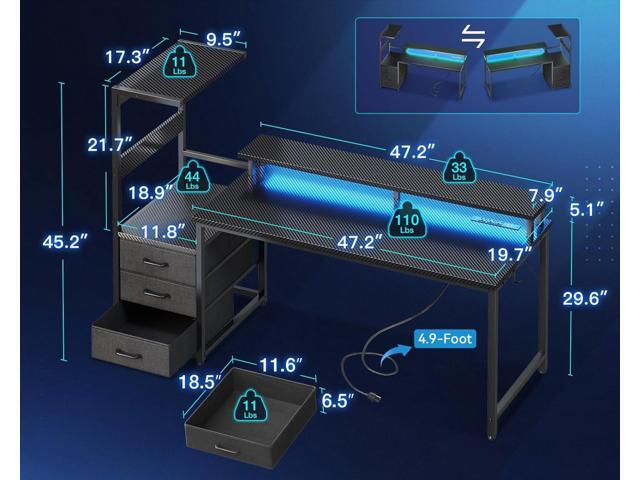 Casaottima 59 Inch Gaming Desk with USB Charging Ports & LED Light - Reversible Computer Desk with 3 Fabric Drawers, Monitor Stand, CPU Stand, and...
