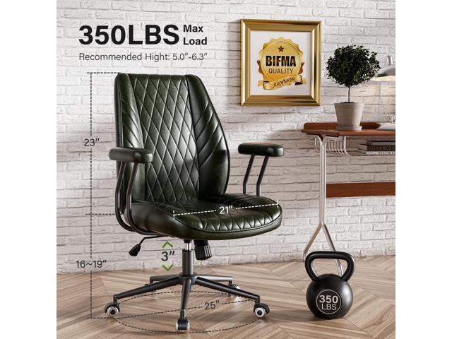 Green Leather Office Desk Chair with Quiet Rubber Wheels, Height Adjustable, Padded Arms, Vintage Mid Century Office Chair, Retro Style Desk Chair