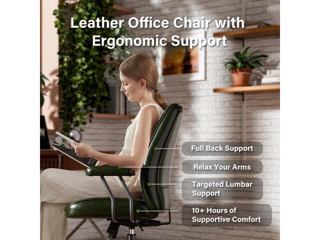 Green Leather Office Desk Chair with Quiet Rubber Wheels, Height Adjustable, Padded Arms, Vintage Mid Century Office Chair, Retro Style Desk Chair