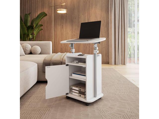 Techni Mobili Adjustable Laptop Cart with Storage, Rolling Mobile Workstation Desk with Cabinet, Shelf & Locking Wheels. Height Adjustable Sit to...