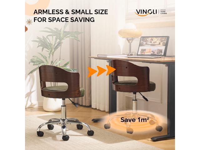 VINGLI Armless Home Office Desk Chair, Adjustable Swivel Chair,Dual-Use with/no Wheels,Small Retro Designed Walnut Curved Task Chair,Cushioned Nail...