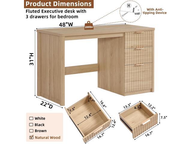 48' Modern Fluted Executive Desk with Storage Cabinet, Natural Wood Home Office Desk with File Drawer & Metal Handles, Large Computer Writing Table...