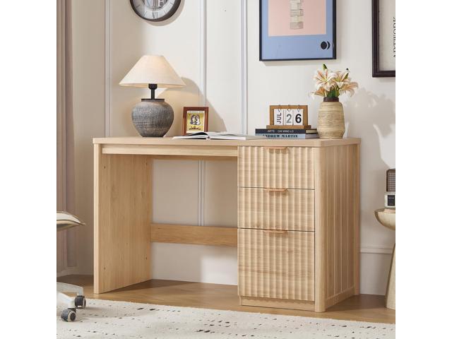 48' Modern Fluted Executive Desk with Storage Cabinet, Natural Wood Home Office Desk with File Drawer & Metal Handles, Large Computer Writing Table...