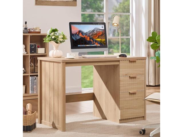 48' Modern Fluted Executive Desk with Storage Cabinet, Natural Wood Home Office Desk with File Drawer & Metal Handles, Large Computer Writing Table...
