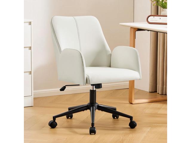 Furniliving Home Office Desk Chair, Ergonomic Leather Office Chair with Wheels, Comfortable Rolling Task Chair Adjustable Height, White