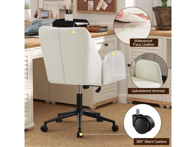 Furniliving Home Office Desk Chair, Ergonomic Leather Office Chair with Wheels, Comfortable Rolling Task Chair Adjustable Height, White