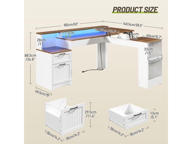 Farmhouse 63' L Shaped Standing Desk, Corner Computer Desk with Drawers, Office Desk with File Drawers with RGB Lighting & Charging Station,...