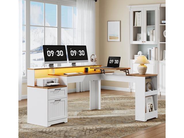 Farmhouse 63' L Shaped Standing Desk, Corner Computer Desk with Drawers, Office Desk with File Drawers with RGB Lighting & Charging Station,...