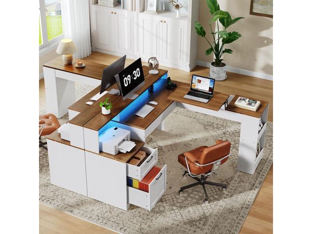 Farmhouse 63' L Shaped Standing Desk, Corner Computer Desk with Drawers, Office Desk with File Drawers with RGB Lighting & Charging Station,...