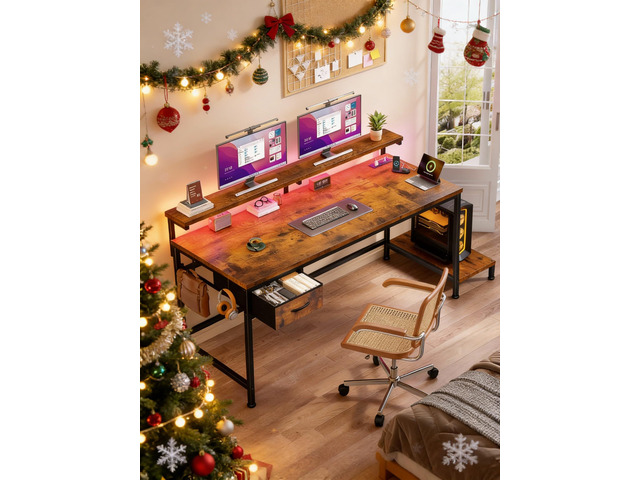 39.3Inch Office Desk with Power Outlet & Drawer, Gaming Desk with CPU Stand& LED Lights,Computer Desk with Ergonomic Monitor Stand for Small...