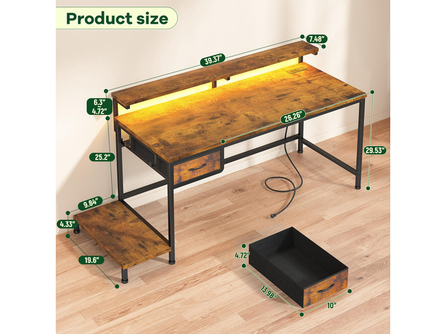 39.3Inch Office Desk with Power Outlet & Drawer, Gaming Desk with CPU Stand& LED Lights,Computer Desk with Ergonomic Monitor Stand for Small...