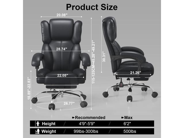 Big and Tall Office Chair, Executive Home Office Desk Chair, Leather Computer Chair with Retractable Footrest, Adjustable Headrest and Reclining...