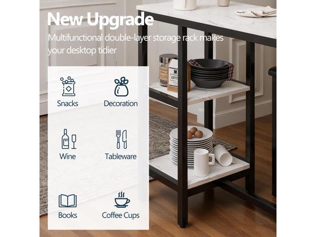 HUGROVE 4-Piece Counter Height Table with 3 PU Upholstered Bar Stools, 57.08' Faux Marble Table Top with Storage, Modern Bar Table and Chairs Set...