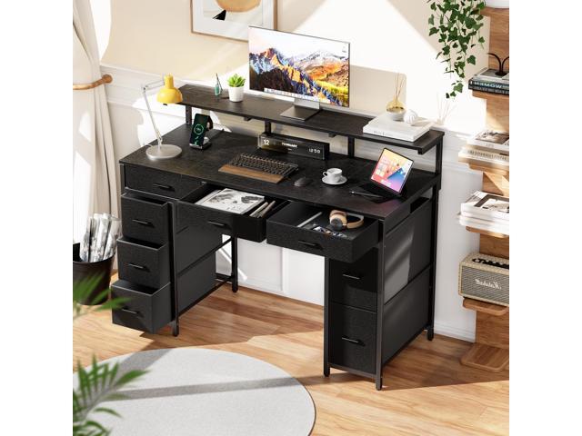 HLDIRECT 47 inch Computer Desk with 8 Storage Drawers, Gaming Desk with LED Lights & USB Power Outlets, Home Office Table with Monitor Stand, Study...