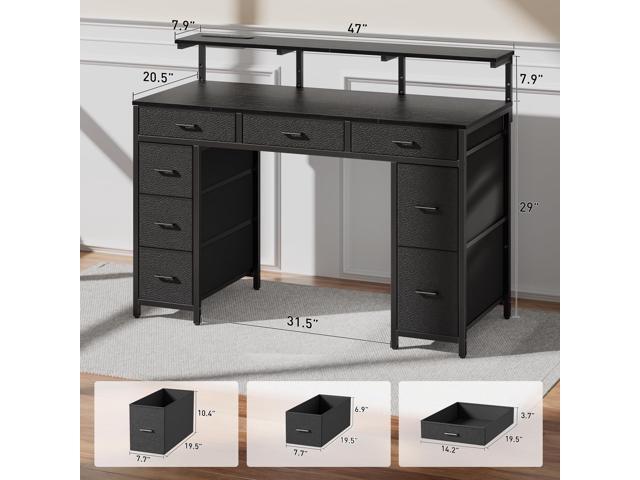 HLDIRECT 47 inch Computer Desk with 8 Storage Drawers, Gaming Desk with LED Lights & USB Power Outlets, Home Office Table with Monitor Stand, Study...