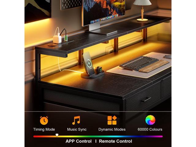 HLDIRECT 47 inch Computer Desk with 8 Storage Drawers, Gaming Desk with LED Lights & USB Power Outlets, Home Office Table with Monitor Stand, Study...