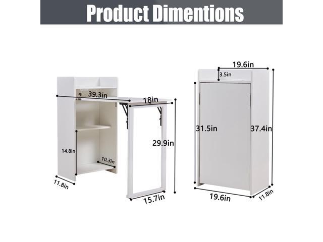 Fold Out Desk with Storage and Built-in Outlet, Mid Century Foldable Desk for Small Spaces, Hidden Folding Table for Home Office or Bedroom (White)