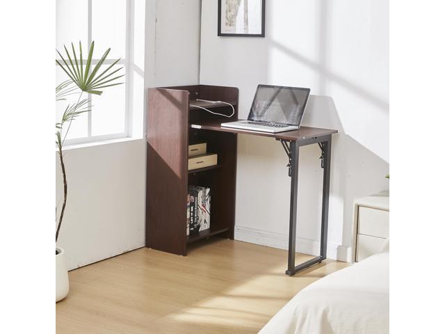 Fold Out Desk with Storage and Built-in Outlet, Mid Century Foldable Desk for Small Spaces, Hidden Folding Table for Home Office or Bedroom (Brown)