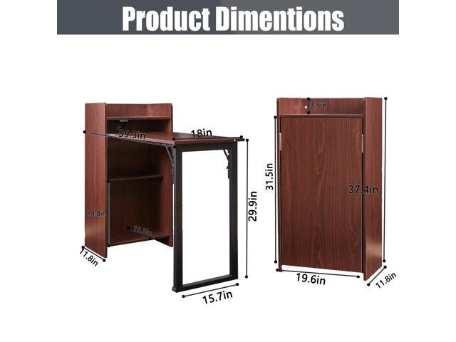 Fold Out Desk with Storage and Built-in Outlet, Mid Century Foldable Desk for Small Spaces, Hidden Folding Table for Home Office or Bedroom (Brown)