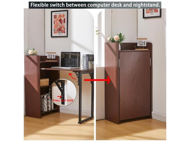 Fold Out Desk with Storage and Built-in Outlet, Mid Century Foldable Desk for Small Spaces, Hidden Folding Table for Home Office or Bedroom (Brown)