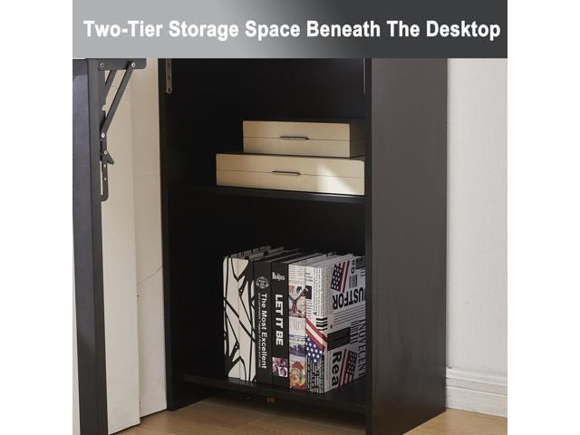 Fold Out Desk with Storage and Built-in Outlet, Mid Century Foldable Desk for Small Spaces, Hidden Folding Table for Home Office or Bedroom (Black)