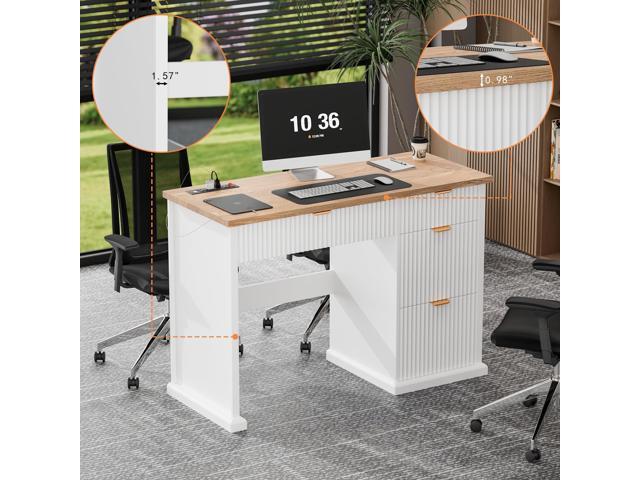 47' Farmhouse Executive Desk, Home Office Desk with Drawers and Charging Station, Wood Home Office Desk, Fluted Computer Writing Desk for Study,...