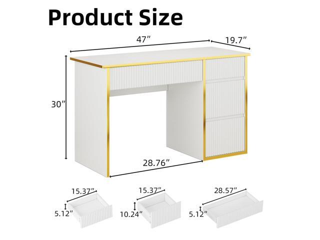 4 EVER WINNER White Desk with Drawers, 47 Inch Computer Desk with Fluted Design Drawer and Hidden Handle, Study Work Table Vanity Writing Desks for...