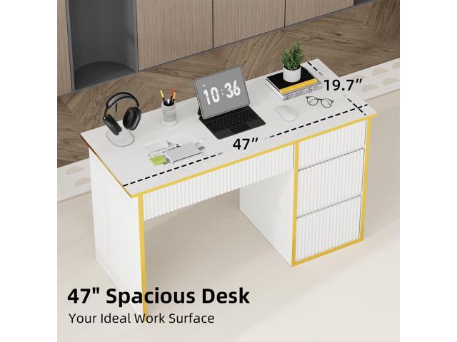4 EVER WINNER White Desk with Drawers, 47 Inch Computer Desk with Fluted Design Drawer and Hidden Handle, Study Work Table Vanity Writing Desks for...