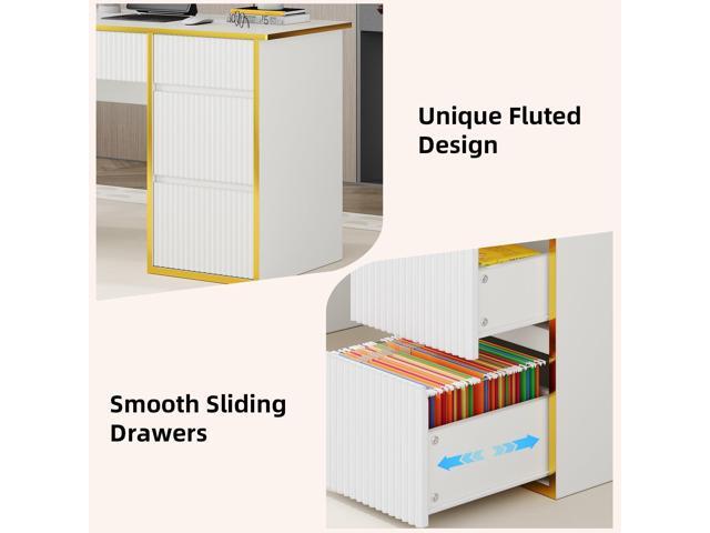4 EVER WINNER White Desk with Drawers, 47 Inch Computer Desk with Fluted Design Drawer and Hidden Handle, Study Work Table Vanity Writing Desks for...