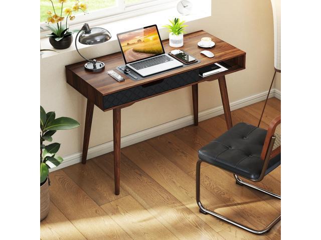 Tangkula Mid-Century Modern Computer Desk, Home Office Desk w/Drawer & Open Compartment, Laptop PC Desk w/Rubber Wood Legs, Makeup Vanity Table,...
