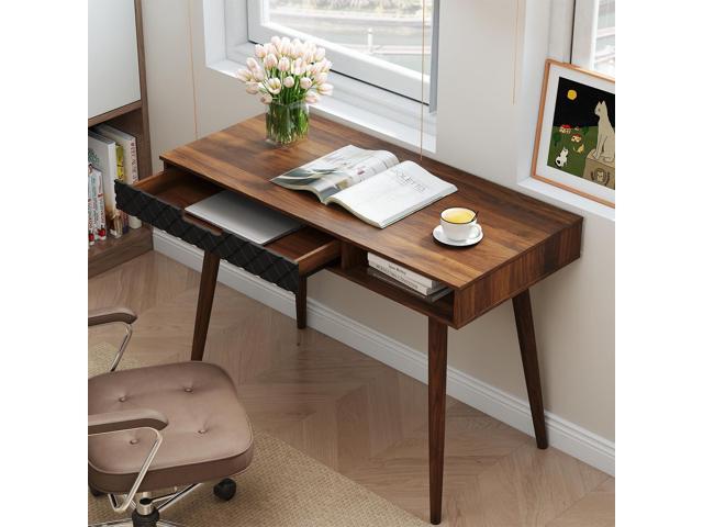 Tangkula Mid-Century Modern Computer Desk, Home Office Desk w/Drawer & Open Compartment, Laptop PC Desk w/Rubber Wood Legs, Makeup Vanity Table,...