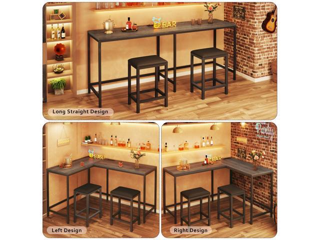 Bar Table and Chairs Set for 2-4, 63'' Convertible L-Shaped Kitchen Table with Power Outlets, 3 Piece Counter Height Small Dining Table with 2...