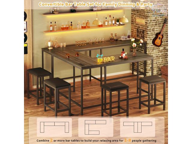 Bar Table and Chairs Set for 2-4, 63'' Convertible L-Shaped Kitchen Table with Power Outlets, 3 Piece Counter Height Small Dining Table with 2...