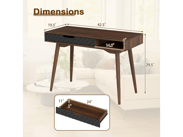Giantex Mid Century Modern Desk, 42.5' Vintage Computer Desk with Storage Drawer & Rubber Wood Legs, Makeup Vanity Table, Wood Computer...