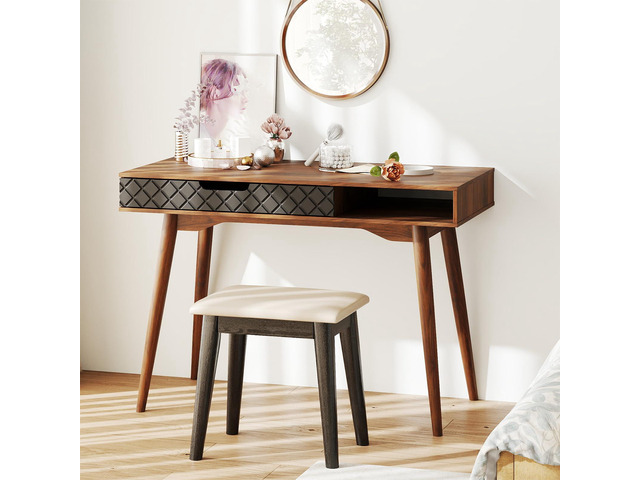 Giantex Mid Century Modern Desk, 42.5' Vintage Computer Desk with Storage Drawer & Rubber Wood Legs, Makeup Vanity Table, Wood Computer...