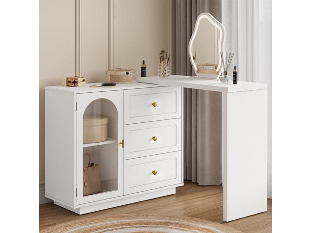 RoyalCraft L Shaped Home Office Desk, Extendable and Rotatable Desk with 3 Drawers and Door, Corner Computer Desk, Modern Study Writing Table for...