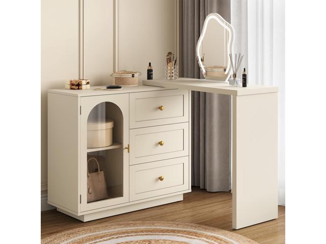 RoyalCraft L Shaped Home Office Desk, Extendable and Rotatable Desk with 3 Drawers and Door, Corner Computer Desk, Modern Study Writing Table for...